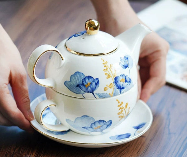 Porcelain Teapot with Matching Cup and Saucer in Gift Box, Ceramic Tea Pot with Integrated Cup, Stackable Teapot and Cup Set, Mother-and-Baby Teapot with Matching Saucer-LargePaintingArt.com