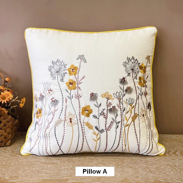 Simple Decorative Throw Pillows for Couch, Spring Flower Decorative Throw Pillows, Embroider Flower Cotton Pillow Covers, Farmhouse Sofa Decorative Pillows-LargePaintingArt.com