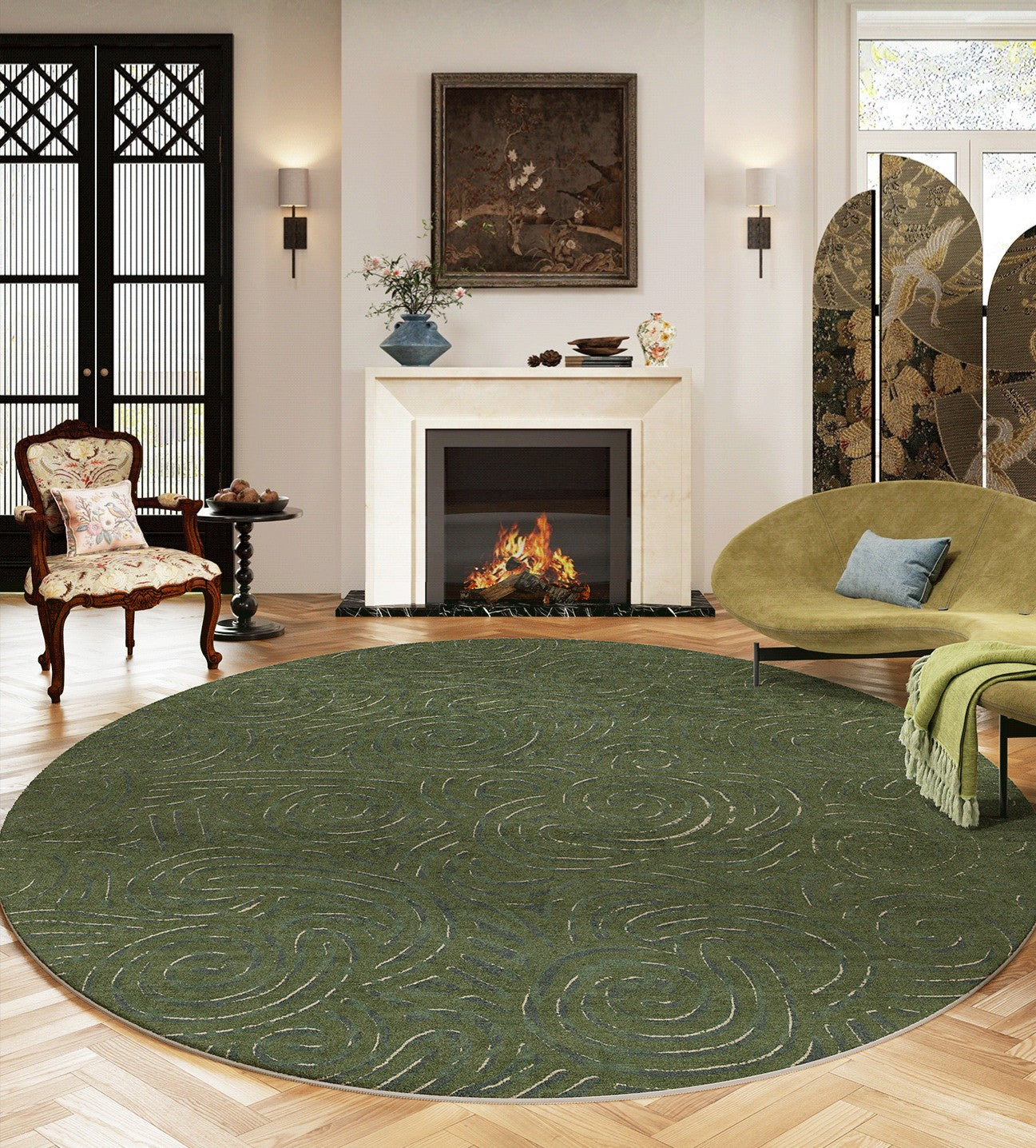 Bedroom Abstract Modern Area Rugs, Green Contemporary Modern Rugs, Geometric Round Rugs for Dining Room, Mid Century Round Modern Rugs under Chairs-LargePaintingArt.com