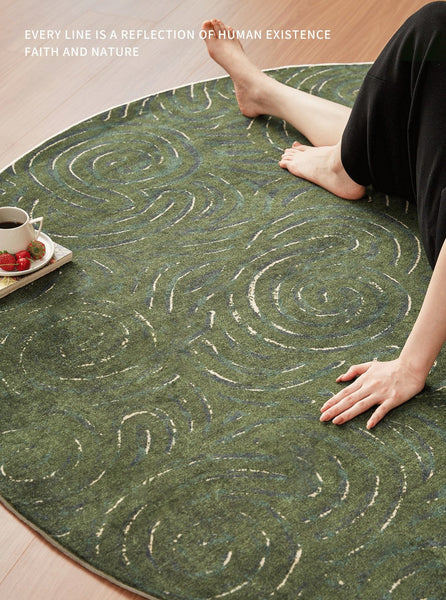 Bedroom Abstract Modern Area Rugs, Green Contemporary Modern Rugs, Geometric Round Rugs for Dining Room, Mid Century Round Modern Rugs under Chairs-LargePaintingArt.com