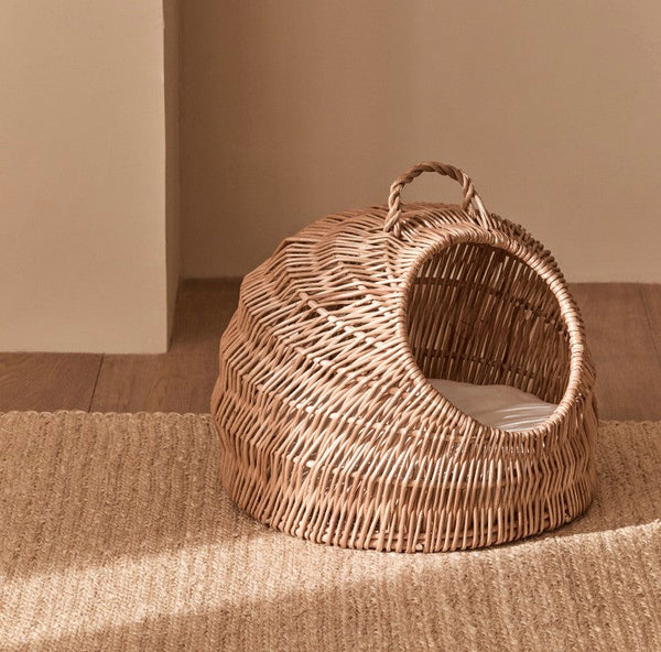Indoor Cat Bed, Natural Wicker Cat House Basket with Washable Cushion for Indoor Cats and Dogs-LargePaintingArt.com