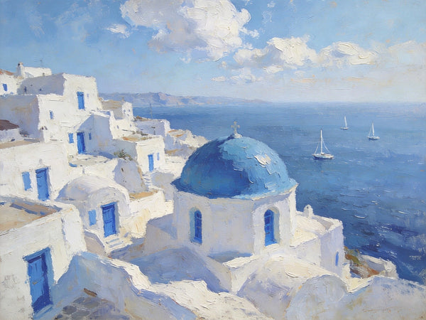 Small Landscape Paintings on Canvas, Aegean Breeze and Blue Domes, Original Oil Paintings, Palette Knife Oil Paintings, Landscape Canvas Paintings, Hand Painted Canvas Art-LargePaintingArt.com