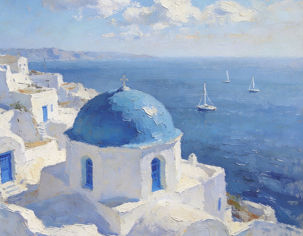Small Landscape Paintings on Canvas, Aegean Breeze and Blue Domes, Original Oil Paintings, Palette Knife Oil Paintings, Landscape Canvas Paintings, Hand Painted Canvas Art-LargePaintingArt.com