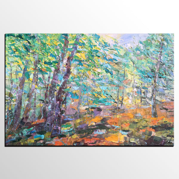 Autumn Forest Tree Painting, Landscape Canvas Painting, Impasto Paintings, Custom Large Painting for Bedroom, Original Landscape Painting-LargePaintingArt.com