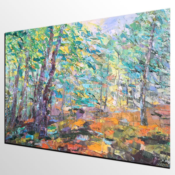 Autumn Forest Tree Painting, Landscape Canvas Painting, Impasto Paintings, Custom Large Painting for Bedroom, Original Landscape Painting-LargePaintingArt.com
