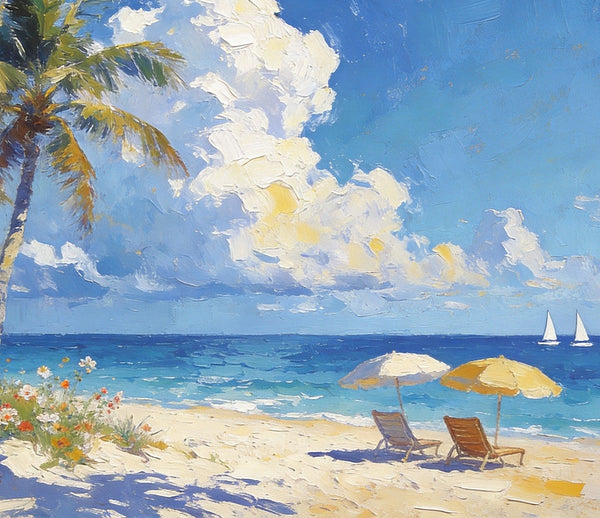 Beachside Bliss, Seashore Beach Painting, Small Oil Paintings, Original Landscape Paintings, Buy Painting Online, Hand Painted Canvas Art, Heavy Texture Artwork-LargePaintingArt.com
