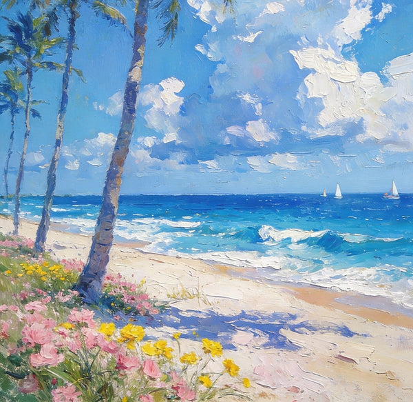 Sandy Shores and Palm Trees, Beach Palm Tree Paintings, Original Artwork, Seashore Painting, Small Oil Paintings, Hand Painted Canvas Wall Art, Heavy Texture Artwork, Small Canvas Paintings-LargePaintingArt.com