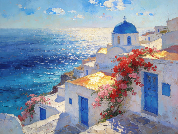 Floral Vines and Maritime Blues, Aegean Blue Domes, On Canvas Small Paintings, Hand Painted Canvas Art, Small Landscape Paintings, Landscape Wall Art Paintings, Original Oil Paintings-LargePaintingArt.com
