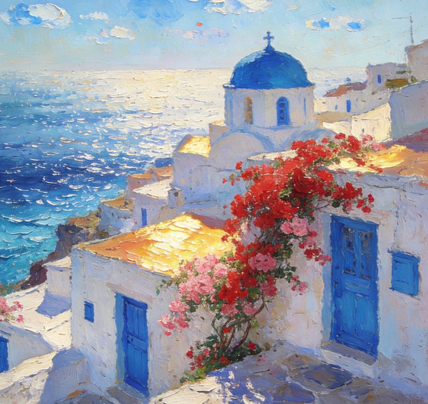 Floral Vines and Maritime Blues, Aegean Blue Domes, On Canvas Small Paintings, Hand Painted Canvas Art, Small Landscape Paintings, Landscape Wall Art Paintings, Original Oil Paintings-LargePaintingArt.com
