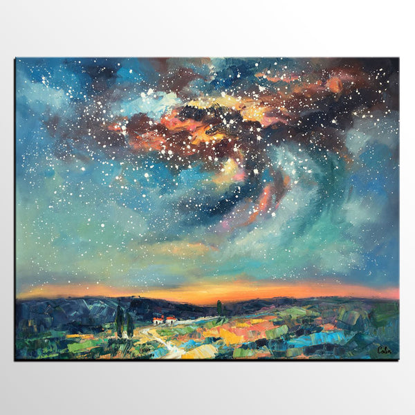 Landscape Painting, Custom Large Canvas Wall Art, Starry Night Sky Canvas Painting, Heavy Texture Wall Art-LargePaintingArt.com