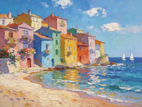 Palette Knife Oil Paintings, Seashore Town Tranquility, Original Oil Paintings, Small Landscape Paintings on Canvas, Landscape Canvas Paintings, Hand Painted Canvas Art-LargePaintingArt.com