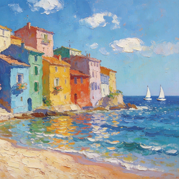 Palette Knife Oil Paintings, Seashore Town Tranquility, Original Oil Paintings, Small Landscape Paintings on Canvas, Landscape Canvas Paintings, Hand Painted Canvas Art-LargePaintingArt.com