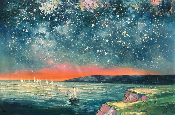 Heavy Texture Painting, Landscape Oil Painting, Starry Night Sky Painting, Custom Large Canvas Painting-LargePaintingArt.com