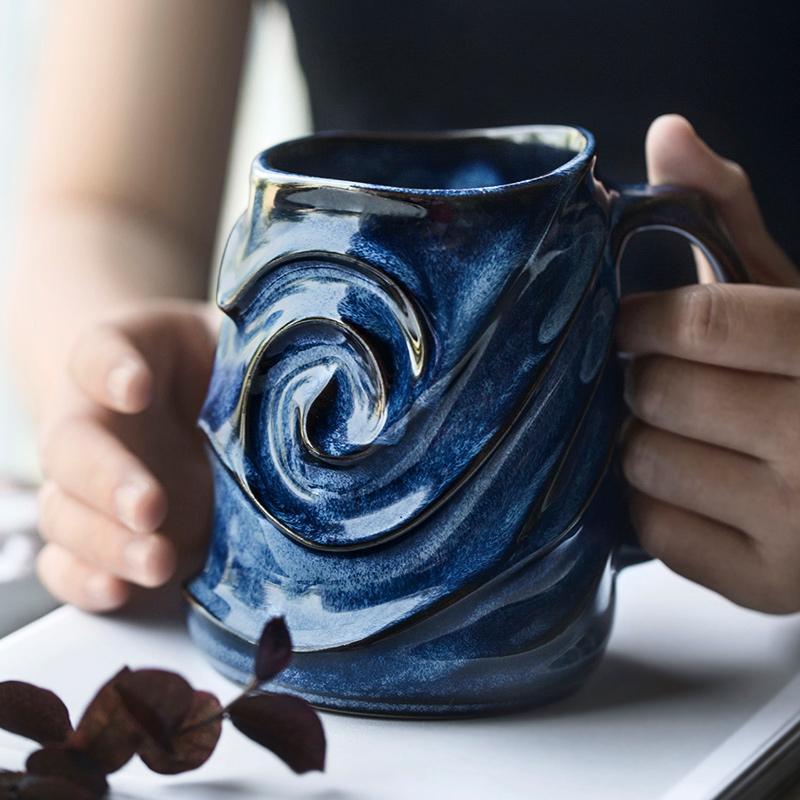 Blue Ceramic Coffee Mug, Stoneware Coffee Mugs, Large Capacity Coffee Cups, Birthday Gifts, Handmade Pottery Coffee Mug-LargePaintingArt.com