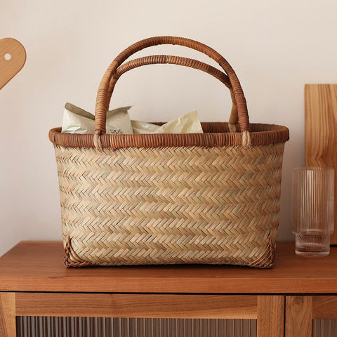 Storage Basket with Handle, Large Kitchen Storage Baskets, Natural Hand-woven Bamboo Storage Basket, Lovely Bamboo Weaving Baskets for Vegetable, Picnic Fruit Storage Baskets