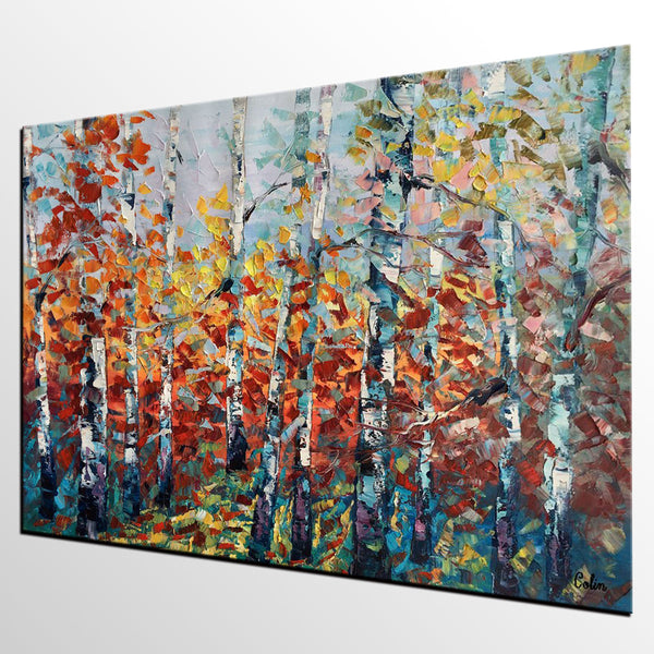 Landscape Painting, Autumn Forest Tree Painting, Canvas Wall Art, Custom Extra Large Art, Abstract Oil Painting, Original Painting-LargePaintingArt.com