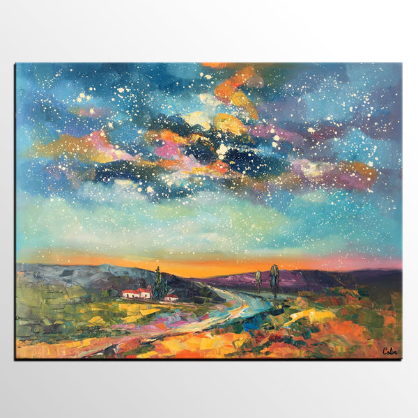 Custom Large Landscape Painting, Starry Night Sky Painting, Living Room Wall Art, Canvas Painting, Impasto Art, Oil Painting-LargePaintingArt.com
