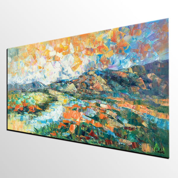 Custom Extra Large Art, Canvas Artwork, Original Artwork, Mountain and River Landscape Painting-LargePaintingArt.com
