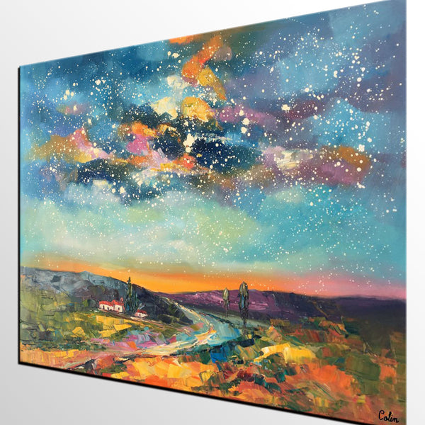 Custom Large Landscape Painting, Starry Night Sky Painting, Living Room Wall Art, Canvas Painting, Impasto Art, Oil Painting-LargePaintingArt.com