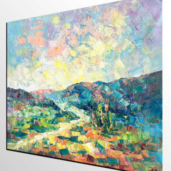 Canvas Painting, Heavy Texture Artwork, Spring Mountain Painting, Custom Landscape Oil Painting-LargePaintingArt.com