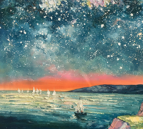 Heavy Texture Painting, Landscape Oil Painting, Starry Night Sky Painting, Custom Large Canvas Painting-LargePaintingArt.com