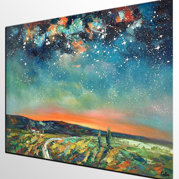 Abstract Landscape Oil Painting, Starry Night Sky Painting, Custom Large Canvas Painting, Heavy Texture Painting-LargePaintingArt.com