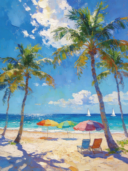 Seaside Relaxation Spot, Seashore Painting, Beach Palm Tree Paintings, Original Artwork, Small Oil Paintings, Hand Painted Canvas Art, Heavy Texture Wall Art Paintings, Small Paintings On Canvas-LargePaintingArt.com