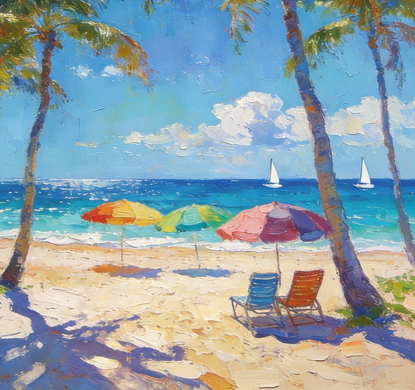 Seaside Relaxation Spot, Seashore Painting, Beach Palm Tree Paintings, Original Artwork, Small Oil Paintings, Hand Painted Canvas Art, Heavy Texture Wall Art Paintings, Small Paintings On Canvas-LargePaintingArt.com