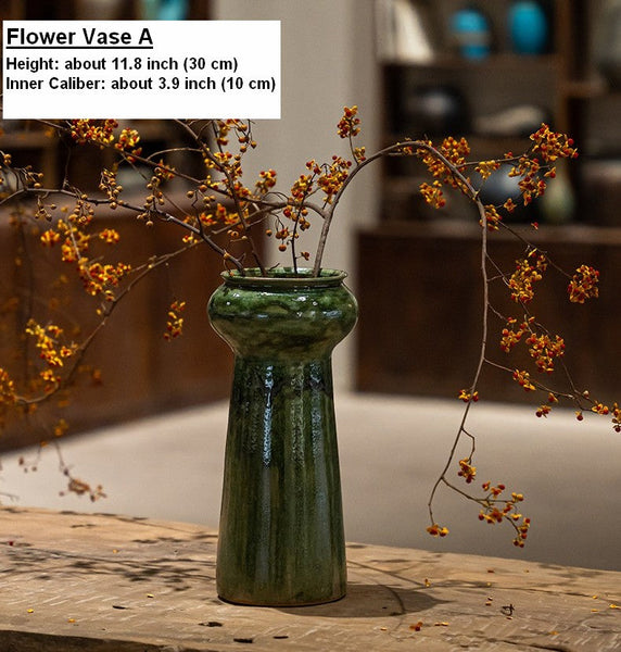 Porcelain Flower Vases, Ceramic Bouquet Vases, Green Flower Vases on Table, Dining Table Centerpiece, Handmade Water Holding Flower Vase-LargePaintingArt.com