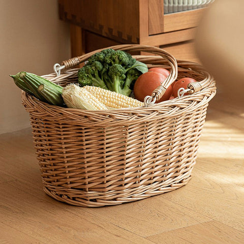 Kitchen Storage Baskets, Small Picnic Food Basket with Handle, Natural Hand-woven Wicker Storage Basket, Willow Weaving Baskets for Vegetable, Natural Fruit Basket-LargePaintingArt.com