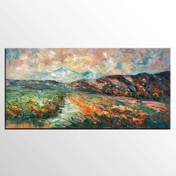Custom Extra Large Art, Mountain and River Landscape Painting, Canvas Artwork, Original Artwork-LargePaintingArt.com
