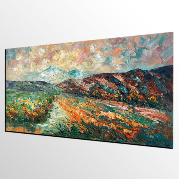 Custom Extra Large Art, Mountain and River Landscape Painting, Canvas Artwork, Original Artwork-LargePaintingArt.com