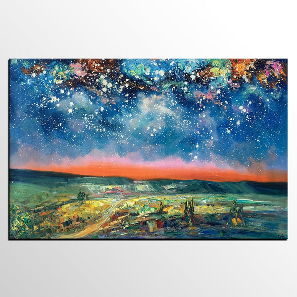 Landacape Canvas Painting, Starry Night Sky Painting, Original Landscape Painting, Heavy Texture Art Painting, Palette Knife Painting-LargePaintingArt.com