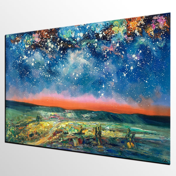 Landacape Canvas Painting, Starry Night Sky Painting, Original Landscape Painting, Heavy Texture Art Painting, Palette Knife Painting-LargePaintingArt.com