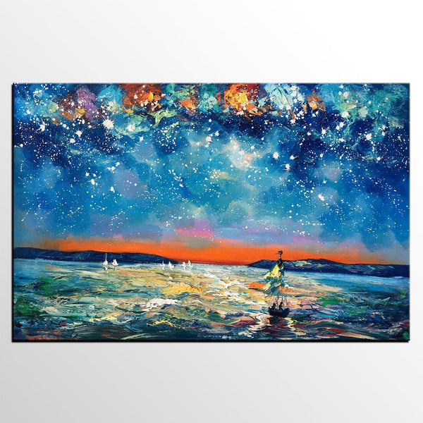 Large Canvas Art Painting, Sail Boat under Starry Night Painting, Custom Large Oil Painting-LargePaintingArt.com