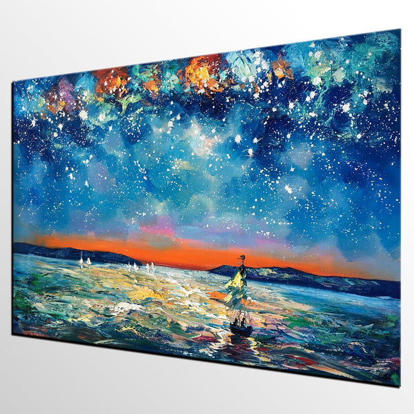 Large Canvas Art Painting, Sail Boat under Starry Night Painting, Custom Large Oil Painting-LargePaintingArt.com