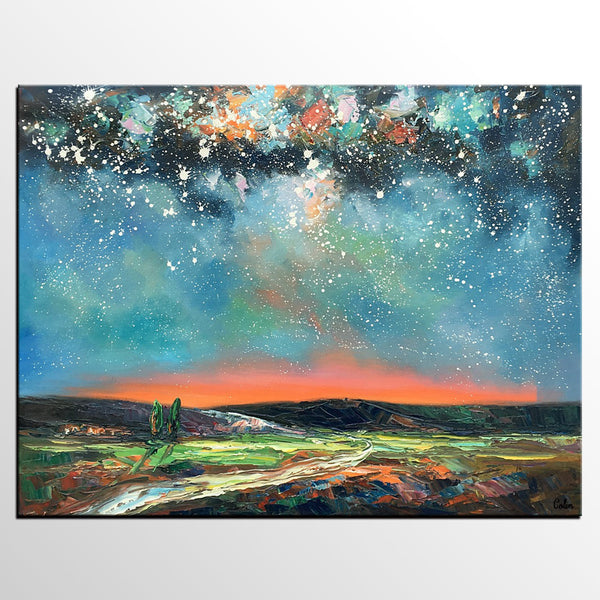 Landscape Canvas Painting, Starry Night Sky Painting, Hand Painted Canvas Art Painting, Landscape Painting for Bedroom, Custom Canvas Painting for Sale-LargePaintingArt.com