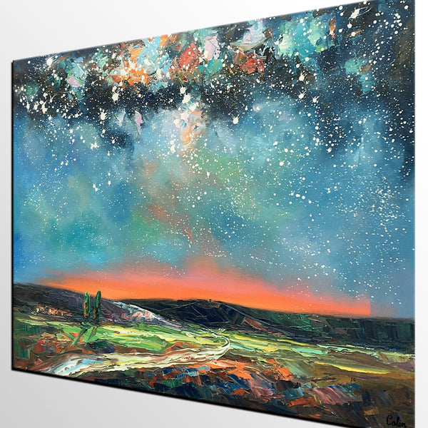 Landscape Canvas Painting, Starry Night Sky Painting, Hand Painted Canvas Art Painting, Landscape Painting for Bedroom, Custom Canvas Painting for Sale-LargePaintingArt.com