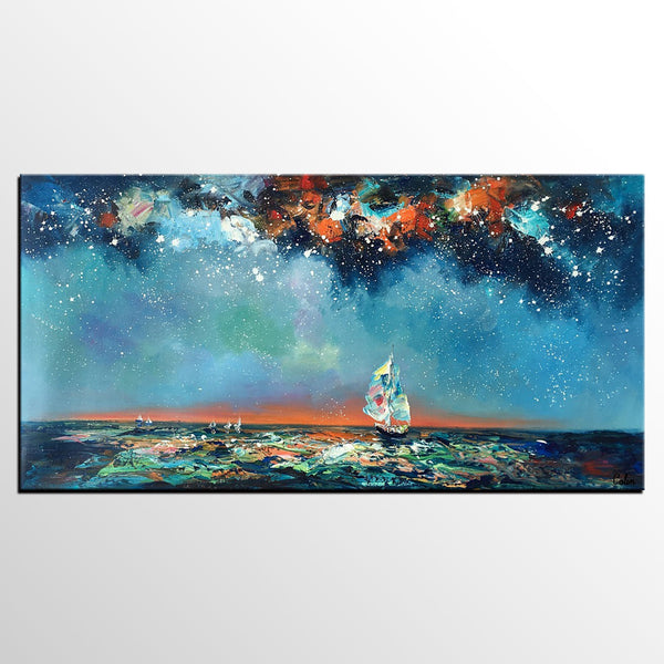 Custom Extra Large Wall Art, Office Painting, Sail Boat under Starry Night Painting, Seascape Painting, Original Artwork-LargePaintingArt.com