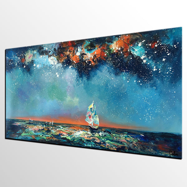 Custom Extra Large Wall Art, Office Painting, Sail Boat under Starry Night Painting, Seascape Painting, Original Artwork-LargePaintingArt.com