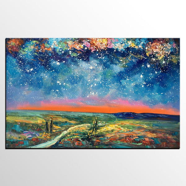 Large Canvas Art Painting, Starry Night Landscape Painting, Custom Large Oil Painting-LargePaintingArt.com