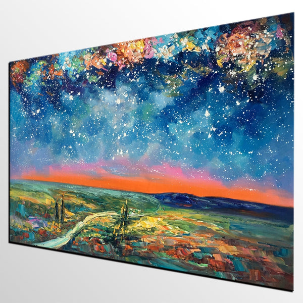 Large Canvas Art Painting, Starry Night Landscape Painting, Custom Large Oil Painting-LargePaintingArt.com