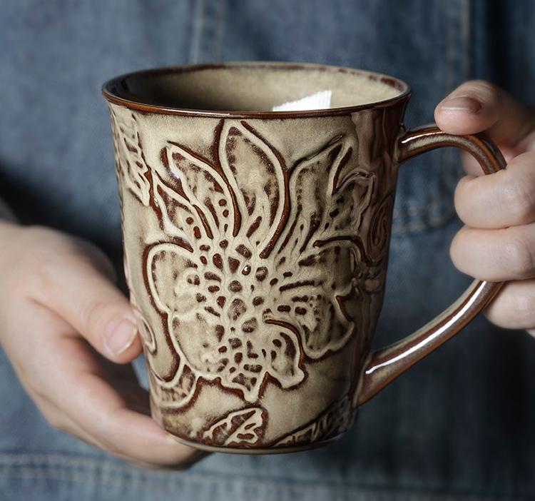 Brown Ceramic Coffee Mug, Large Capacity Coffee Cups, Anniversary Gifts, Stoneware Coffee Mugs, Handmade Pottery Coffee Mug-LargePaintingArt.com