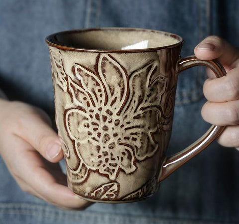Brown Ceramic Coffee Mug, Large Capacity Coffee Cups, Anniversary Gifts, Stoneware Coffee Mugs, Handmade Pottery Coffee Mug-LargePaintingArt.com