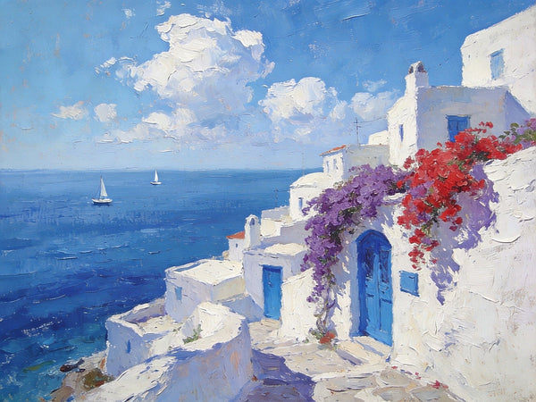 Original Oil Paintings, Santorini's Coastal Serenity, Small Landscape Paintings on Canvas, Palette Knife Wall Art, Landscape Oil Paintings, Hand Painted Canvas Artwork-LargePaintingArt.com