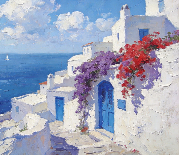 Original Oil Paintings, Santorini's Coastal Serenity, Small Landscape Paintings on Canvas, Palette Knife Wall Art, Landscape Oil Paintings, Hand Painted Canvas Artwork-LargePaintingArt.com
