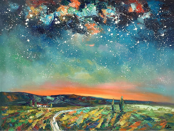 Abstract Landscape Oil Painting, Starry Night Sky Painting, Custom Large Canvas Painting, Heavy Texture Painting-LargePaintingArt.com