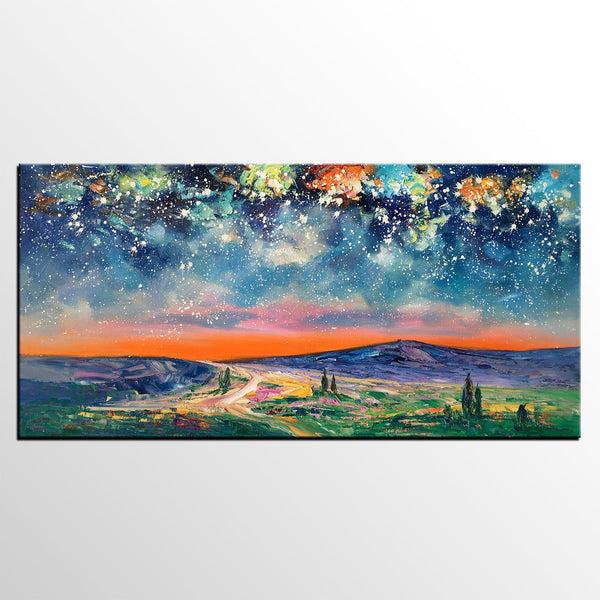 Landscape Oil Painting, Starry Night Sky Painting, Bedroom Wall Art Paintings, Custom Original Painting on Canvas-LargePaintingArt.com