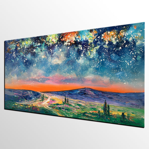 Landscape Oil Painting, Starry Night Sky Painting, Bedroom Wall Art Paintings, Custom Original Painting on Canvas-LargePaintingArt.com