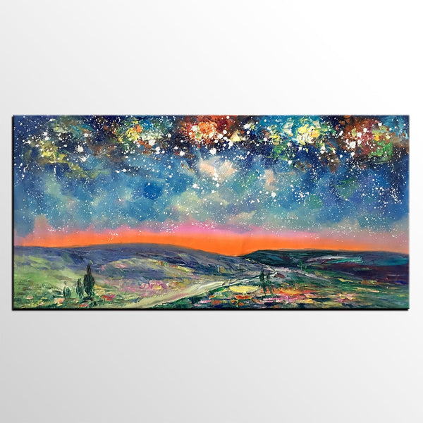 Starry Night Sky Painting, Custom Extra Large Painting, Original Landscape Painting, Canvas Painting for Dining Room-LargePaintingArt.com